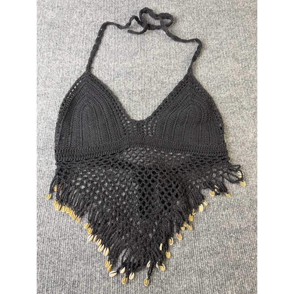 Handmade Crochet Halter Top Black Fringe Cowrie Shell Festival‎ Boho Beach Top